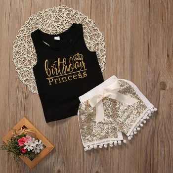 

wholesale baby girl clothes set sleeveless letter printed black vest top+bow Sequins shorts 2pcs suit kids Cotton Costume 1-3Y