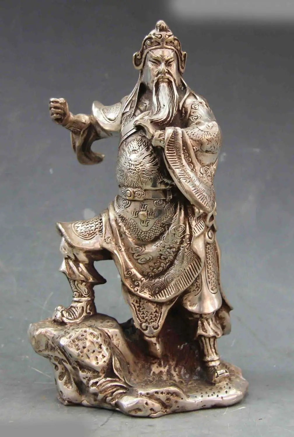 

Chinese Folk White Copper Silver Dragon Guan Gong Guan Yu Warrior Buddha Statue SD 506