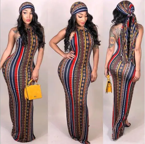 

2019 African specialty fashion sexy striped Bohemian print dress (including headscarf)