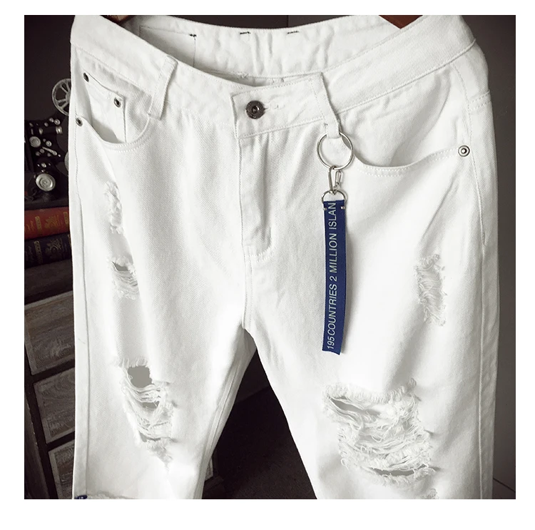 Для мужчин летние белые Короткие джинсы отверстия Джинсовые шорты Для мужчин Хлопковые эластичные Джинсовые шорты высокое качество