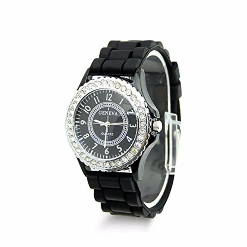 

2016 New Geneva Black and White Faux Rhinestones Chronograph Silicone Watch Women Watch Dress Watches Gift Relogio Feminino