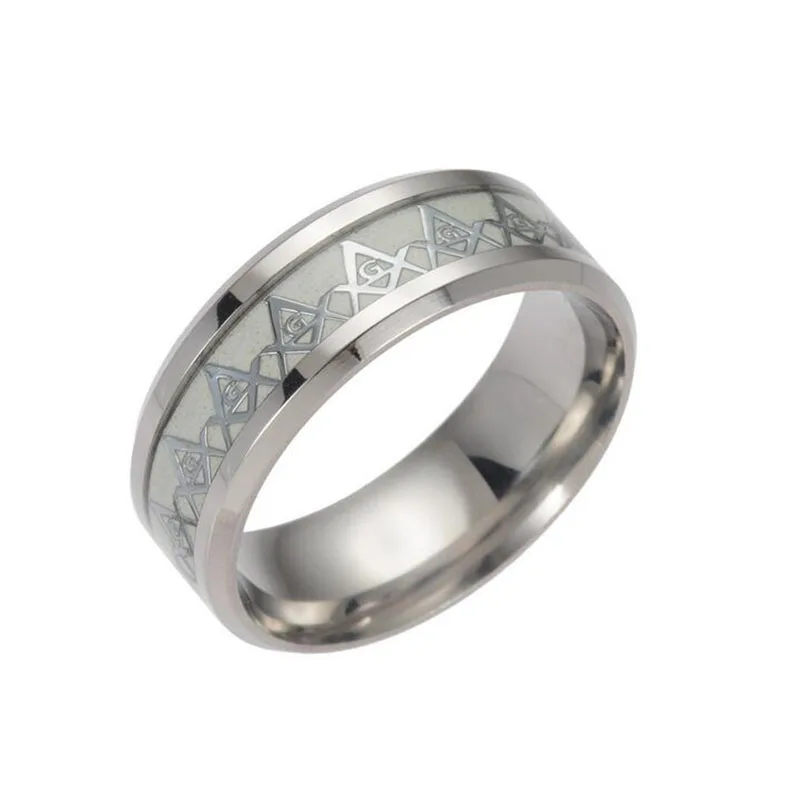 Новое светится в темноте 8 мм масонское серебряное Золотое мужское кольцо из нержавеющей стали масонское мужское кольцо - Цвет основного камня: silver