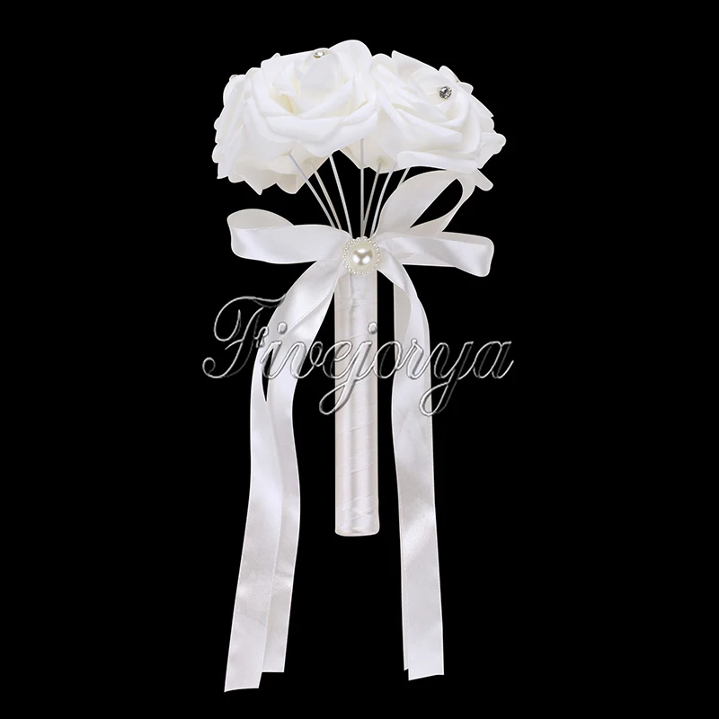 457 24 De Réductionbouquet De Mariée à La Main Bouquet De Mariage Blanc Avec Fleurs Artificielles Roses Ruban Arc Strass Perle Pour Mariée Décor