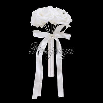 

Handmade Bridal Bouquet White Wedding Bouquet With Artificial Flowers Roses Ribbon Bow Rhinestone Pearl For Bride Wedding Decor