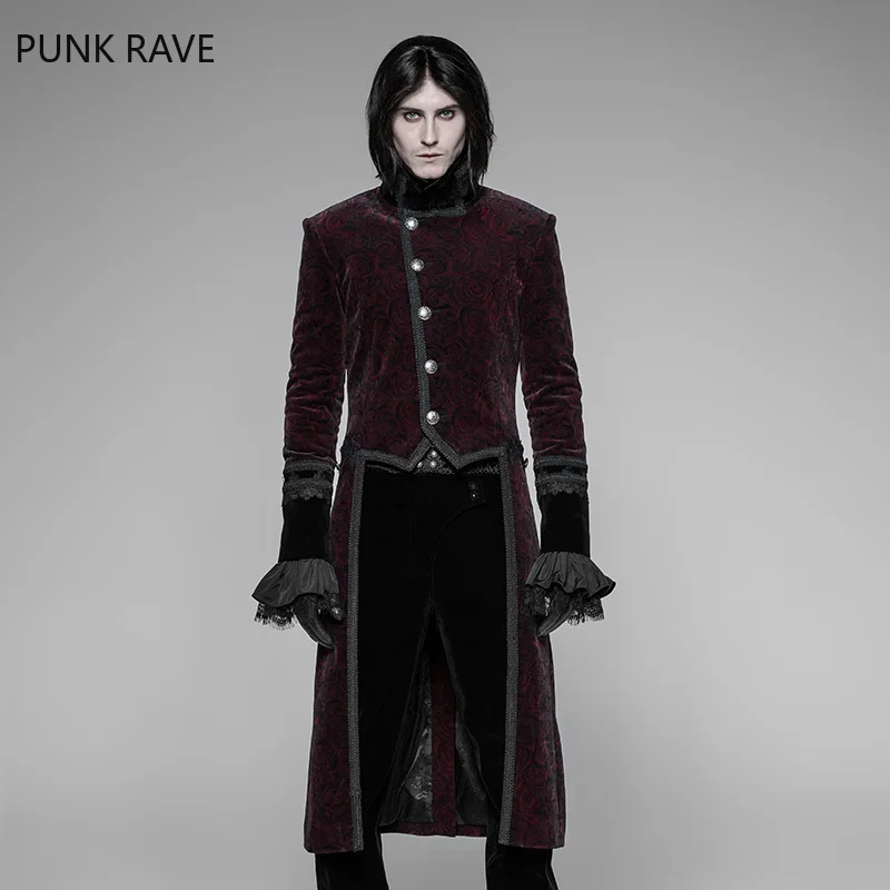 

PUNK RAVE Men Gothic Jackets Standing Collar Swallow Tail Jacket Retro Military Jacket Evening Party Swallow Tail Woolen Coat