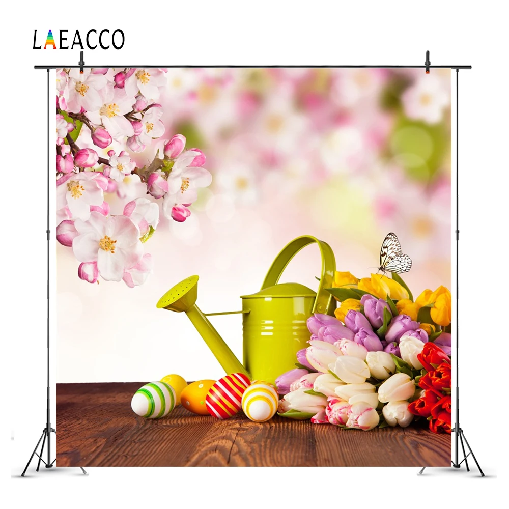 

Laeacco Spring Eggs Flowers Watering Can Wooden Floor Photography Backgrounds Customized Photographic Backdrops For Photo Studio