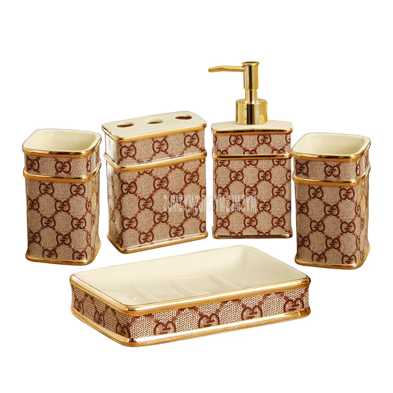 

European-Style Bathroom Five-piece Ceramic Mouth Wash Set Household Bathroom Mouthwash Cup Set With Brush Holder Liquid Bottle