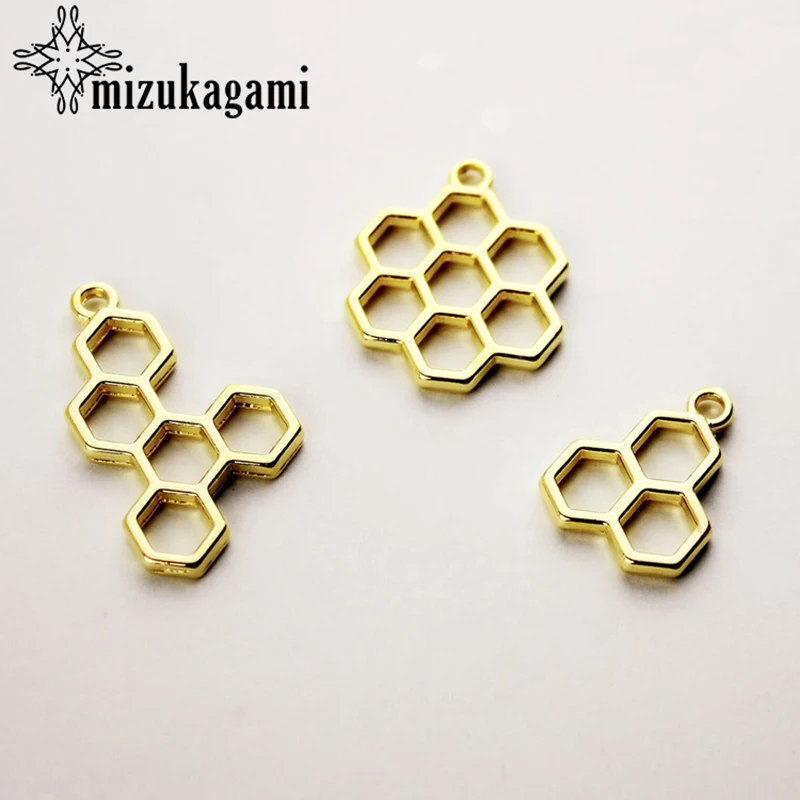 

10pcs/lot Golden Alloy Honeycombs Metal Frame Pendant Gold Charm Bezel Setting Cabochon Setting UV Resin Charm Accessories
