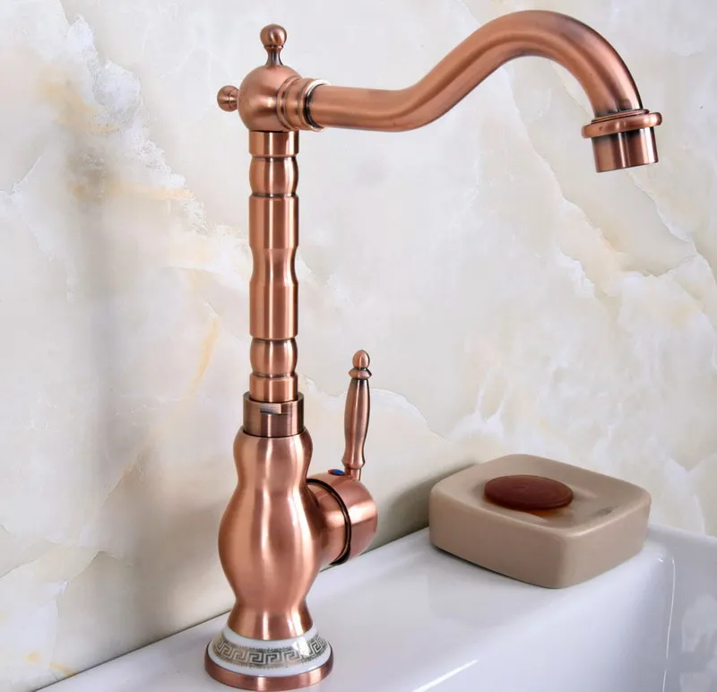 Antique Red Copper Brass Ceramic Base Kitchen Wet Bar Bathroom Vessel Sink Faucet Single Hole Swivel Spout Mixer Tap anf643
