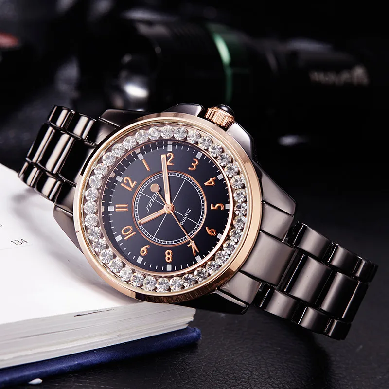 Acheter 2017 SINOBI Mode Femmes Diamants Montres Imitation Céramique Bracelet Top Marque De Luxe Robe Dames Genève Quartz Horloge