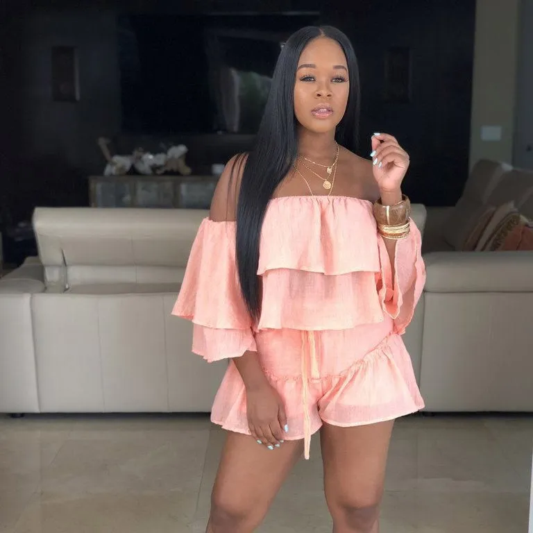 

Sexy Two Piece Set Women Short Sleeve Off Shoulder Ruffles Tops And Shorts Summer Suit Casual Club Outfits Clothes