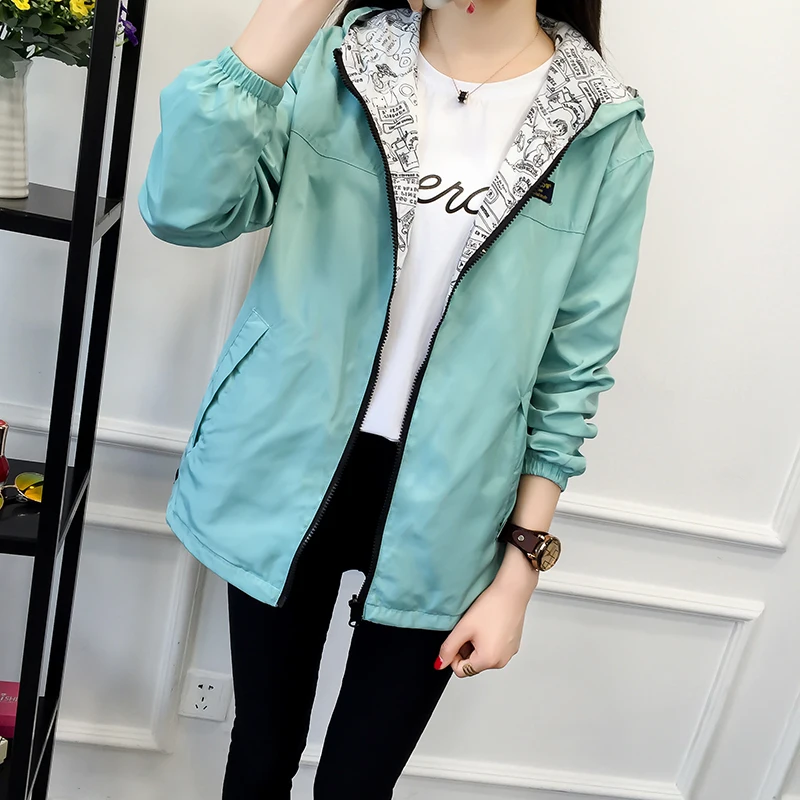 2018 Spring Autumn Women Basic Jacket Pocket Zipper Hooded Two Side Wear Cartoon Print Outwear Loose Coat Windbreaker Female