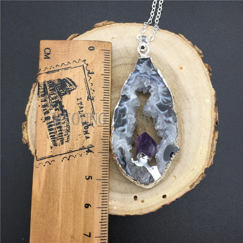 MY0855 Natural Agates Druzy Slice Pendant with Amethysts Point Embedded Necklace ,Silver Electroplated Edges And Chain (3)