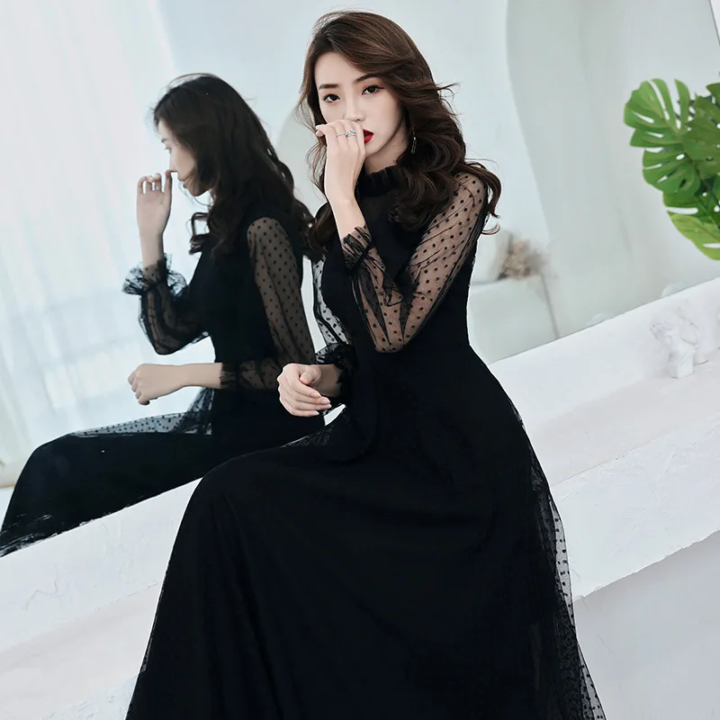 A Line Evening Dress Black Long Sleeve Dot Pattern Formal Prom Dress Elegant Illusion O-neck Floor length Print Party Gown E016