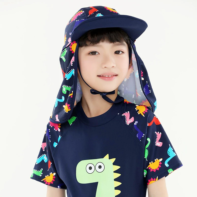 

Summer Swimming Caps Kids Outdoor Beach Sun Hat Children Neck Ear Cover Flap UV Protection Cap Quick Dry Foldable Dinosaur Hats