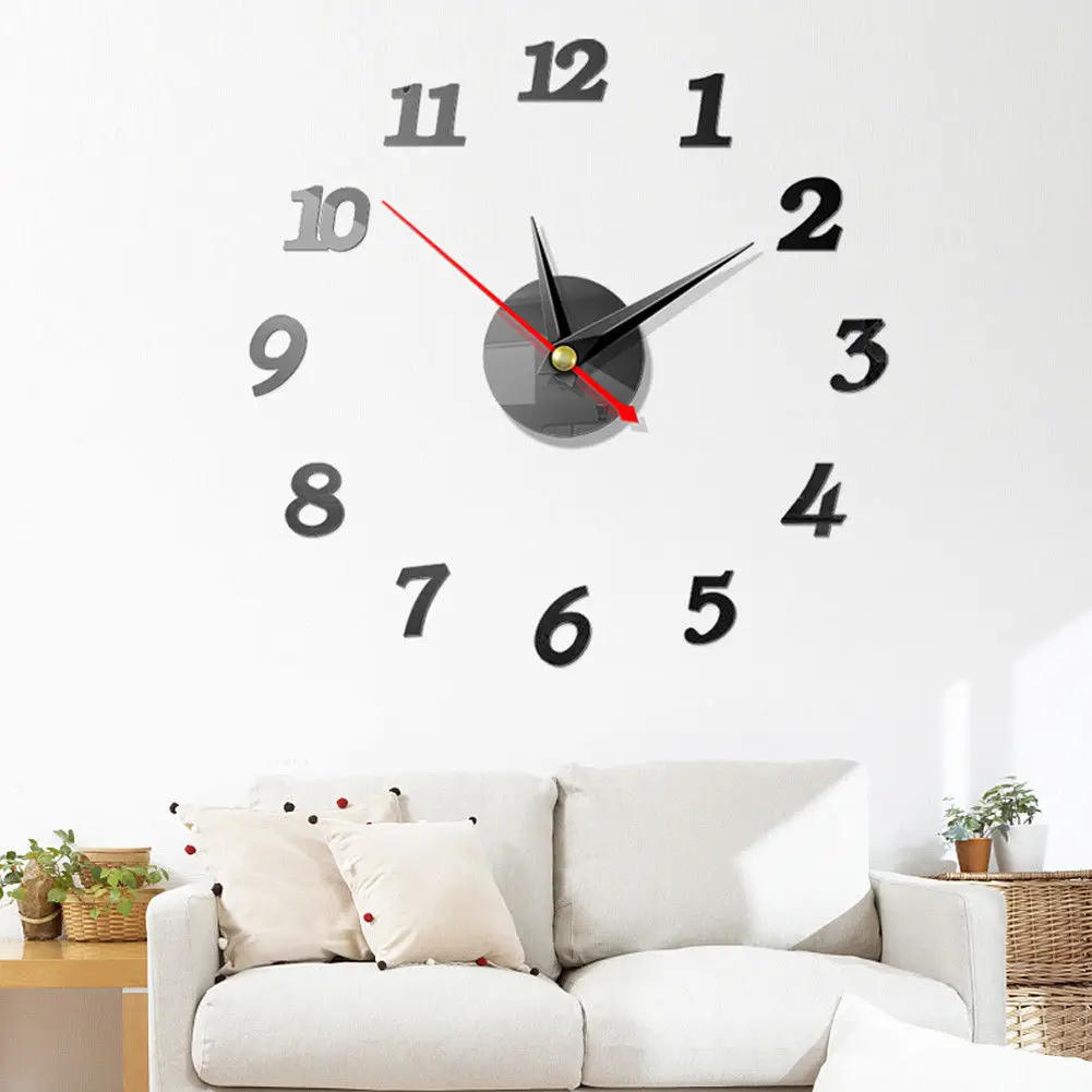 

NEW Modern Large Wall Clock 3D Mirror Sticker Unique Big Number Watch DIY Decor