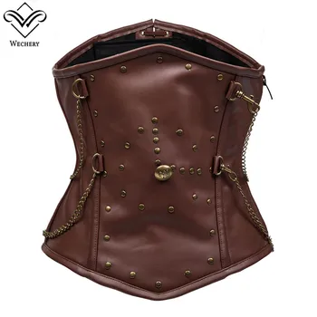 

Wechery Women Steampunk Corset Sexy Gothic Corselet Leather Gorset Lace Up Chain Vintage Korset Brown Retro Bustiers Waisters