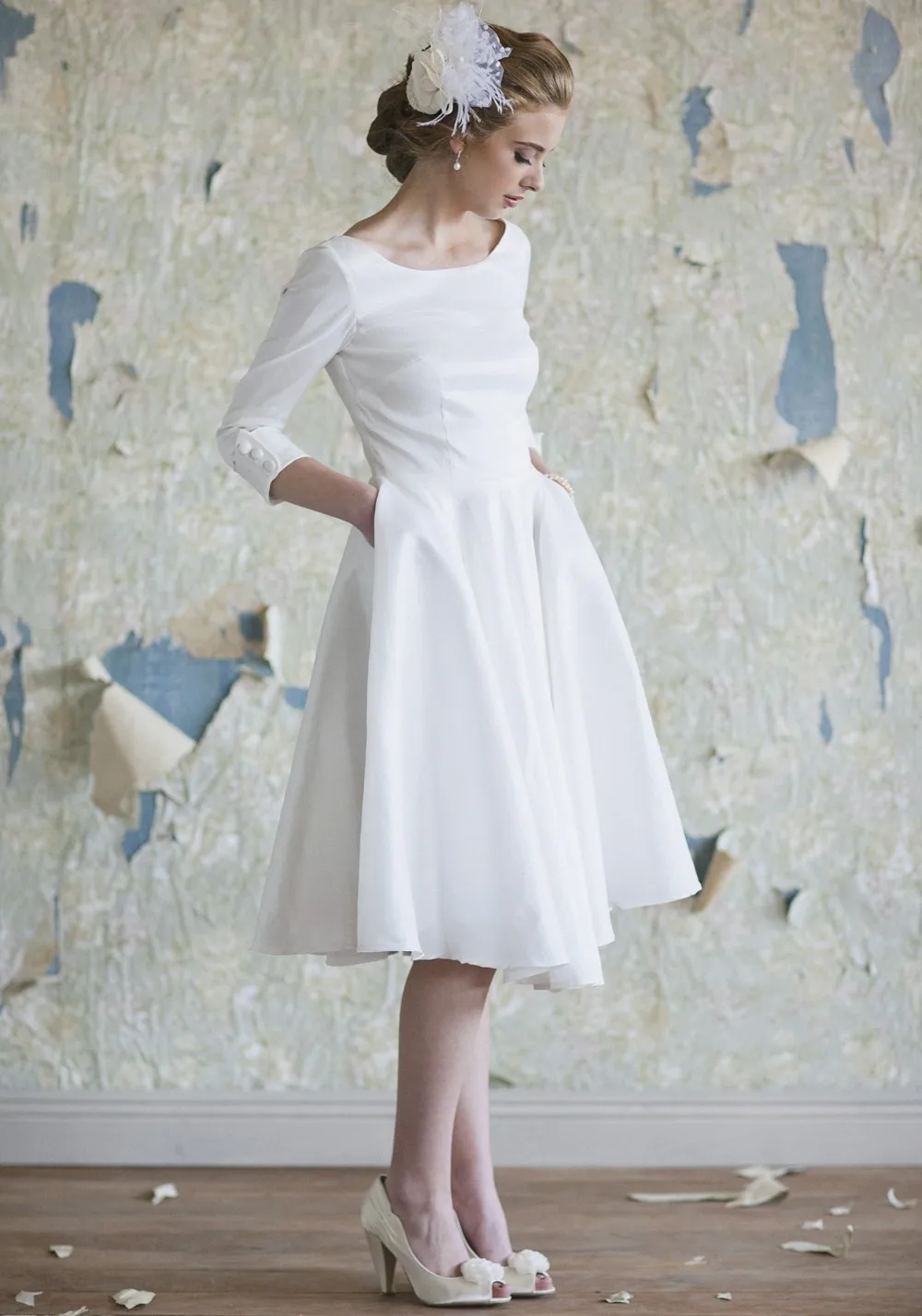 Simple White Short Knee Length Pockets Satin Wedding Bridal Dress
