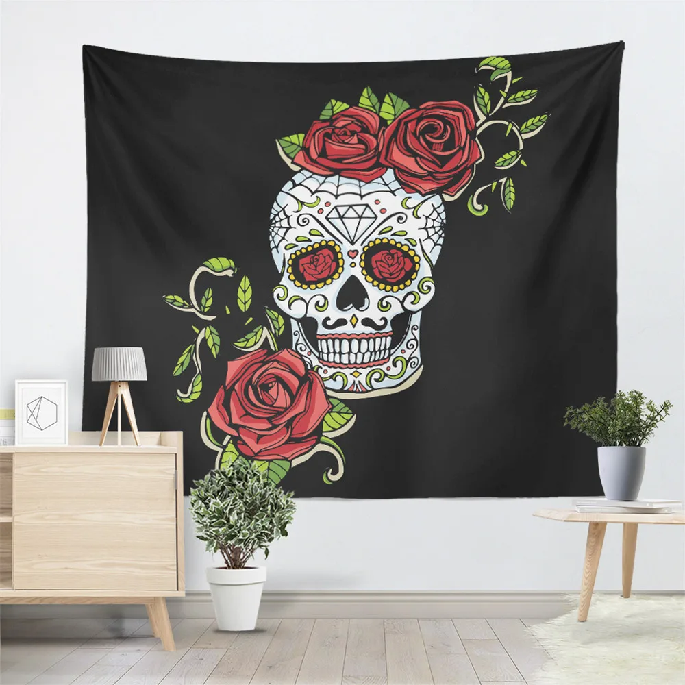 

Boho Sugar Skull Tapestry Rose Flowers Feather Print Wall Hanging Home Decor Living Room Wall Carpet Outdoor Camping Blanket D45
