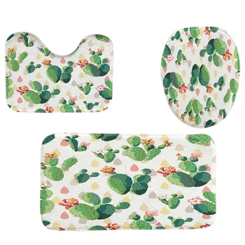 

4Pcs Home Bathroom Decor Set Cute Cactus Pattern Toilet Seat Cover Bath Mat Set Waterproof Shower Curtain