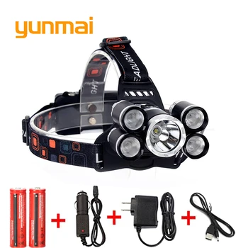 

yunmai 12000Lm XML T6 5 LED Headlight Headlamp Head Lamp Light 4 mode torch 2x18650 battery+EU/US Car charger for fishing Lights