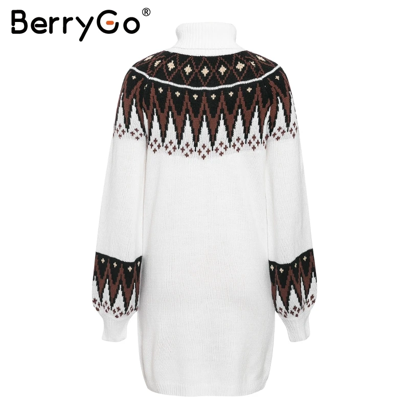 BerryGo трикотажное платье с геометрическим принтом женское повседневное туника с высоким воротником женское платье-свитер осень зима ретро белое платье