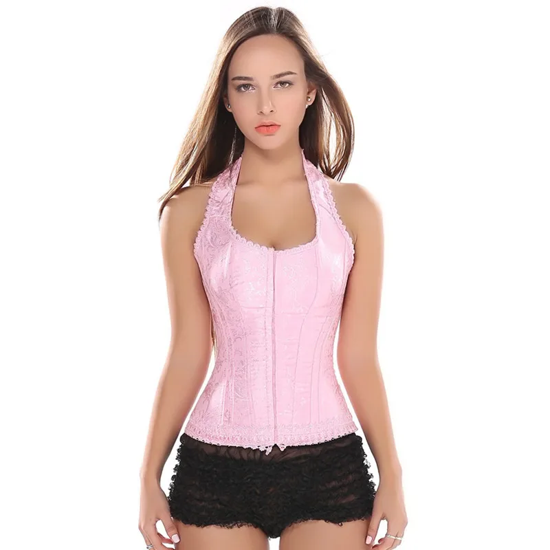 

Pink Jacquard Straps Overbust Corset Sexy Waist Cincher Bustier Shapewear Lace Up Boned Bustier BodyShaper Halter Corset S-6XL