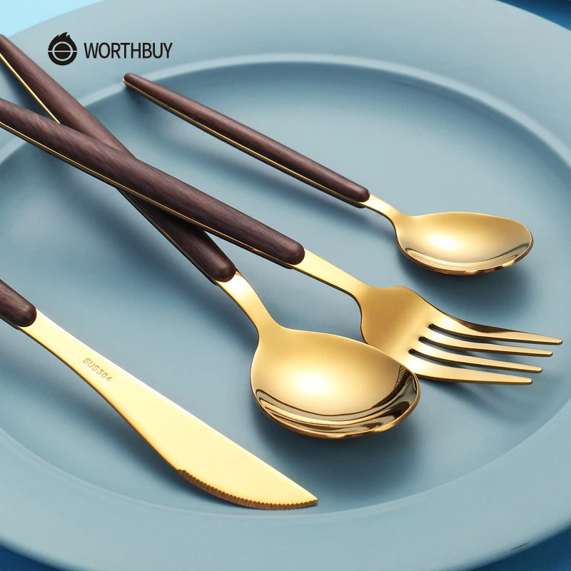 WORTHBUY Западный Золотой набор столовых приборов 304 столовые приборы из нержавеющей стали кухонный нож ложка Вилка для обеда набор портативной походной посуды