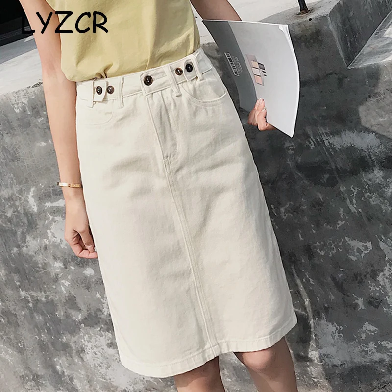 Lyzcr White Denim Button Skirt Women Summer 2019 Midi Jeans Skirt ...