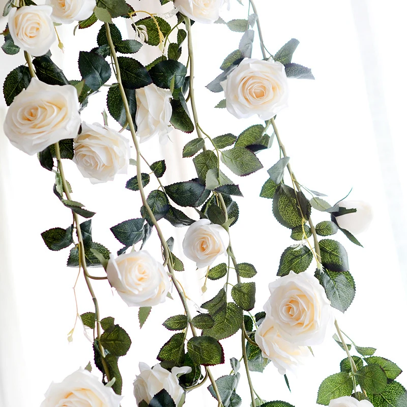 180 см настоящий на прикосновение шелк цветы струны искусственные розы плюща лоза с листьями для дома Висячие гирлянды вечерние свадебные Декор - Цвет: Белый