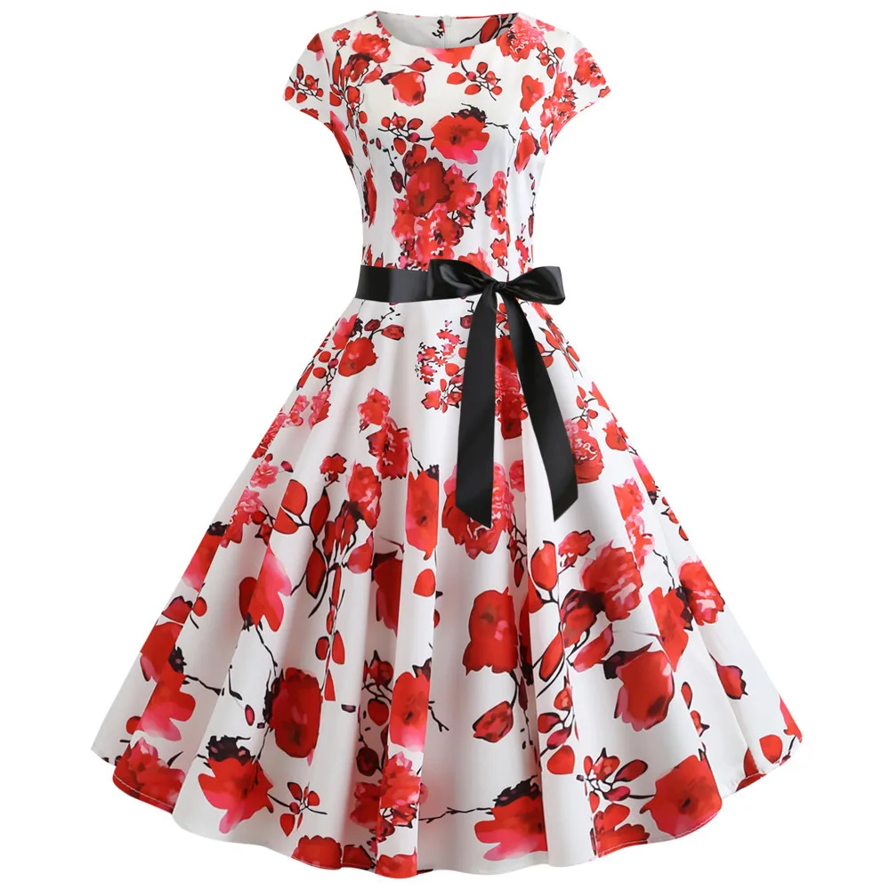 

2019 Summer New Women Flower Print Casual Office Elegant Short Dresses Plus Size Sexy Party O-Neck A-Line Bandage Dress