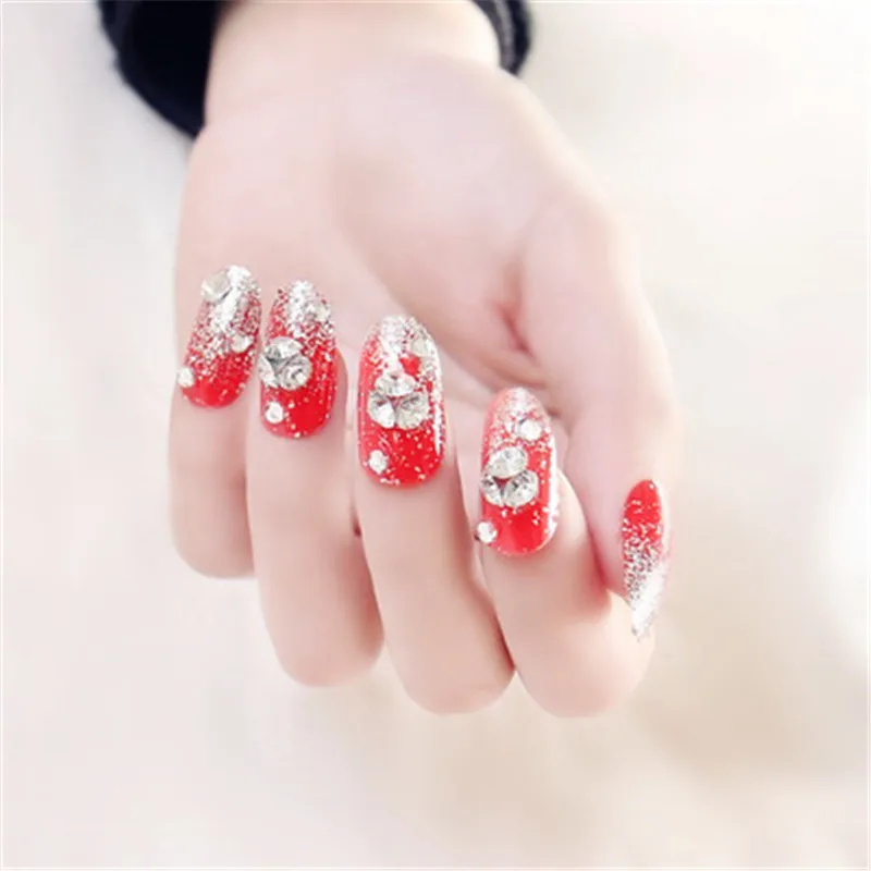 24 Pieces Full Cover Fake Nails Rhinestone Decoration Bride Fake Nail Patch Red Festive Nail Tool 2