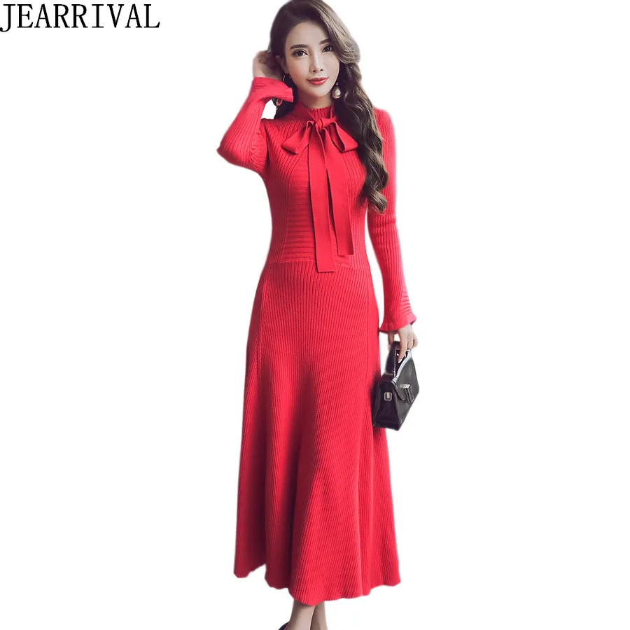 2018 New Fashion Long Sleeve Winter Dress Elegant Women O Neck Thick
