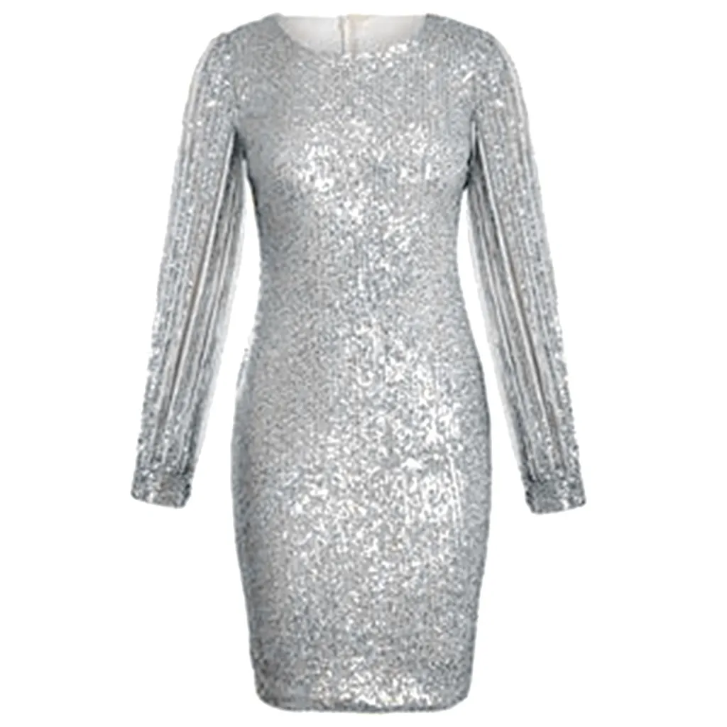 Feitong платье с v-образным вырезом, расшитое блестками, женские сплошные швы, блестящие Клубные облегающие платья, женские вечерние мини-платья с длинными рукавами - Цвет: Silver