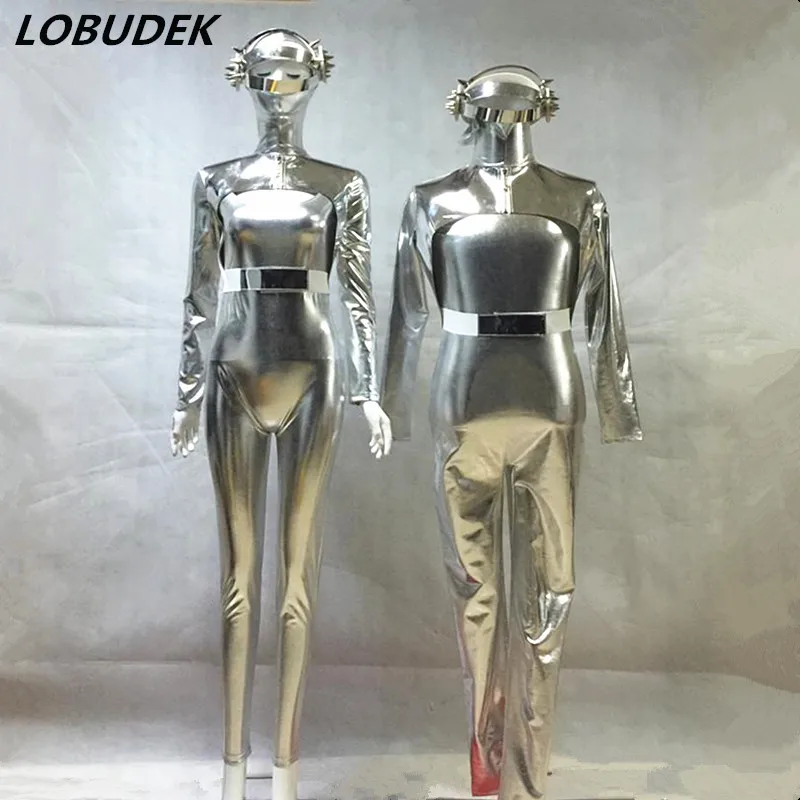 

Novelty Nightclub Women Men Stage Costume Silver PU Leather Jumpsuit Teams Space Dance Performance Clothing Bar DJ Singer Outfit