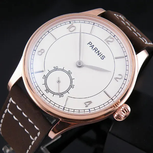 

44mm Parnis white dial Leather strap Golden plated Case Silver Hands 17 jewels 6498 Movement Hand Wind Mechanical Men's Watches