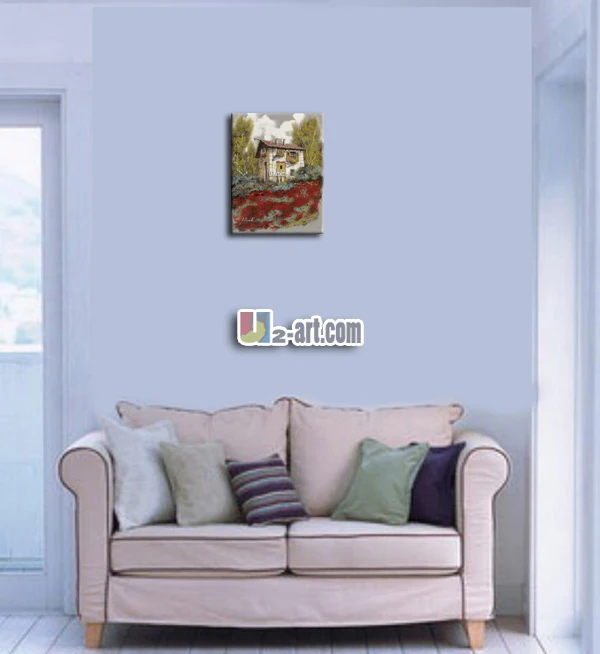 Pinturas al óleo del paisaje cabañas con las flores rojas de ... Jardin cabaña decoración