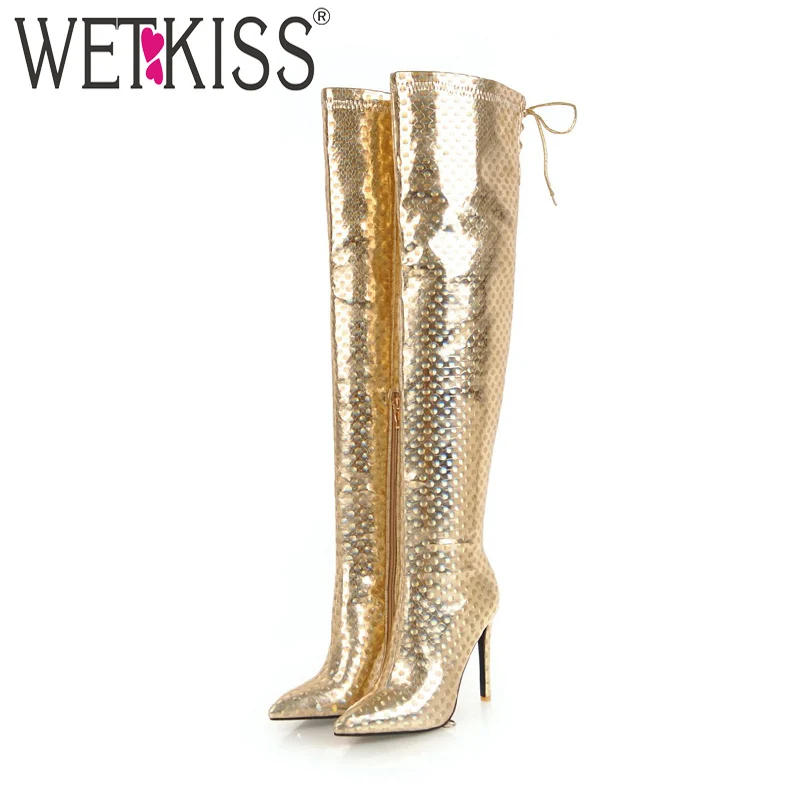 

WETKISS Snake Print Over The Knee Women Boots Pointed Toe Zip Cross Tied Footwear High Heels Female Boots Sexy Woman Shoes 2018
