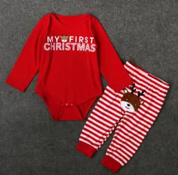 Новое поступление, хлопковый комплект одежды с принтом «My First Christmas» для маленьких мальчиков и девочек, Длинный комбинезон с рукавами+ штаны в полоску рождественский подарок, DS40 - Цвет: R