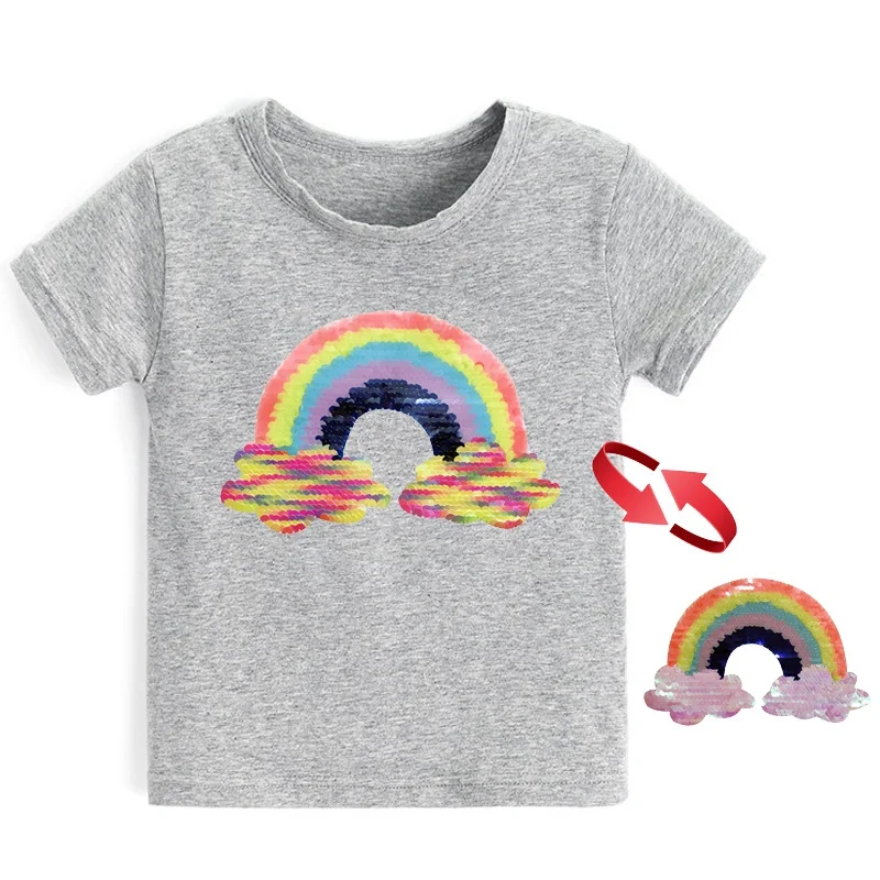 Летние футболки для девочек, разноцветные топы с блестками и короткими рукавами для девочек, футболка для девочек 3-12 лет, детская одежда, футболка - Цвет: grey