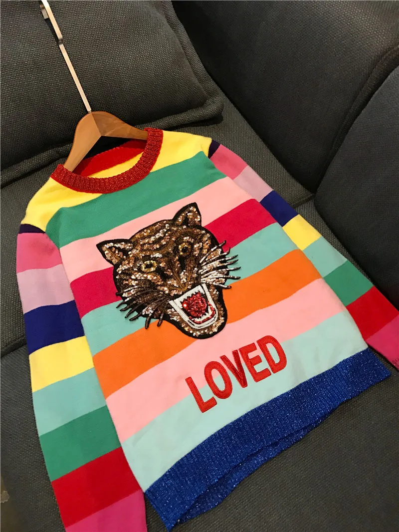 CBAFU, роскошный женский свитер, мягкий пуловер с кроликом, мультяшный тигр, расшитый блестками, с вышитыми буквами, вязаный свитер, полосатый свитер, N596