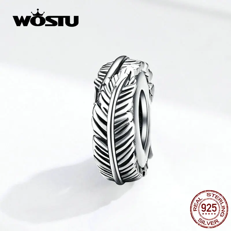 

WOSTU Feather Silicone Spacer Stopper 100% 925 Sterling Silver Beads Fit Original Bracelet Pendant DIY Jewelry Making FIC1236