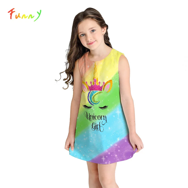 

Children Dress for Girls Unicorn Party Cute Cat Printed Rainbow Dress Sleeveless Toddler Girl Dresses Summer Vestidos Menina