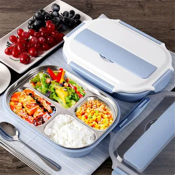 

Practical Portable Lunch Box BPA Free Plastic Wheat Straw Stainless Steel Cutlery Spoon 4 Grids 2 Layers Food Boxes Container
