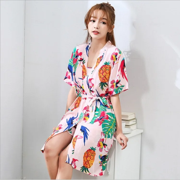 Women's pajamas autumn pure cotton long-sleeved summer sweet sexy suspenders nightgown three-piece suit home clothes flower