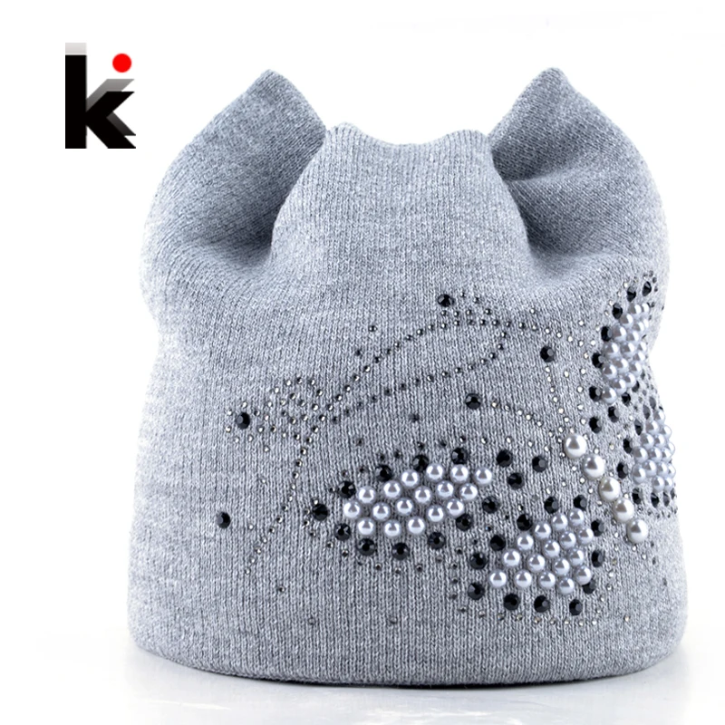 

Winter Cat Beanie Hat Ladies Knit Hats For Women Beanies Caps Pearls Butterfly Diamond Beanie Touca Knitted Cap With Ear Flaps