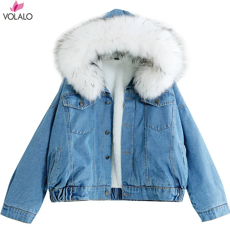 

VOLALO With Fur Trim Hood Cotton Liner Long Denim Jackets Women Winter Hardy Warm Denim Coats Jackets Female Loose Outerwear