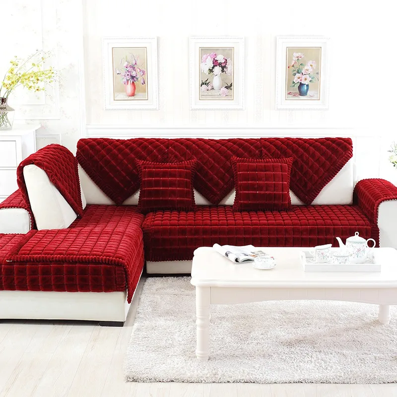 Горячая диванных чехлов для Гостиная Бархат Теплый мягкий чехол анти-скользящие диванные кресло, мебель протектор текстиль пригодный для стирки - Цвет: Red