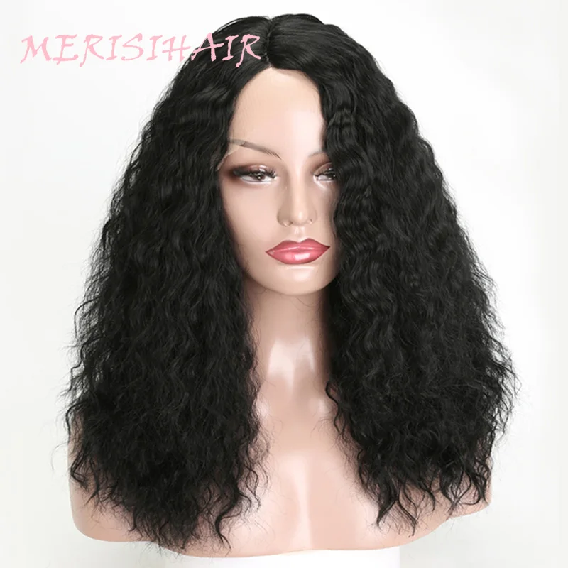 

MERISI HAIR Synthetic Face Frontal Wig 17 Inch Long Curly Wigs For Women Female Daily Black Available High Temperature Fiber