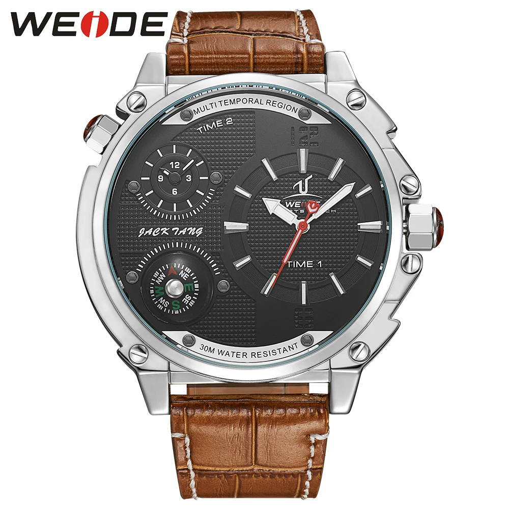 

WEIDE Men's Sports Watch Black Dial Quartz Analog Multiple Time Zone Watches Leather Strap Military Male Wristwatch for man 2018